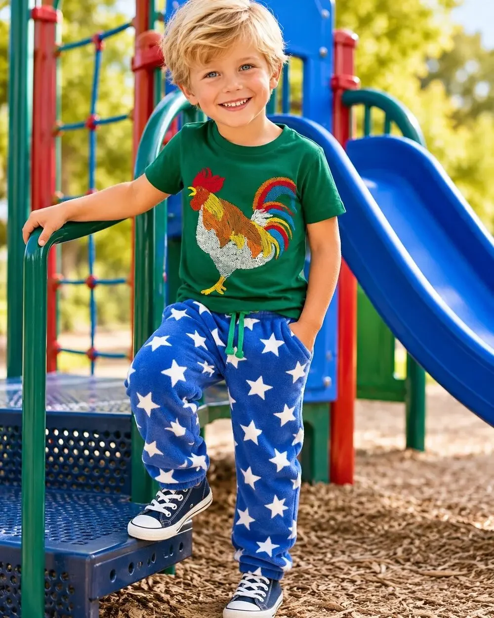 Mini Boden Boys Rooster Tee Shirt & Star Fleece Lounge Pants Set Size: 5-6 Years